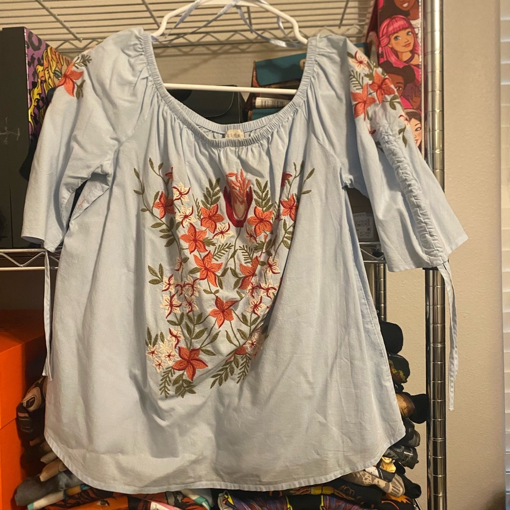 Floral Embroidered Light Blue Women's Top